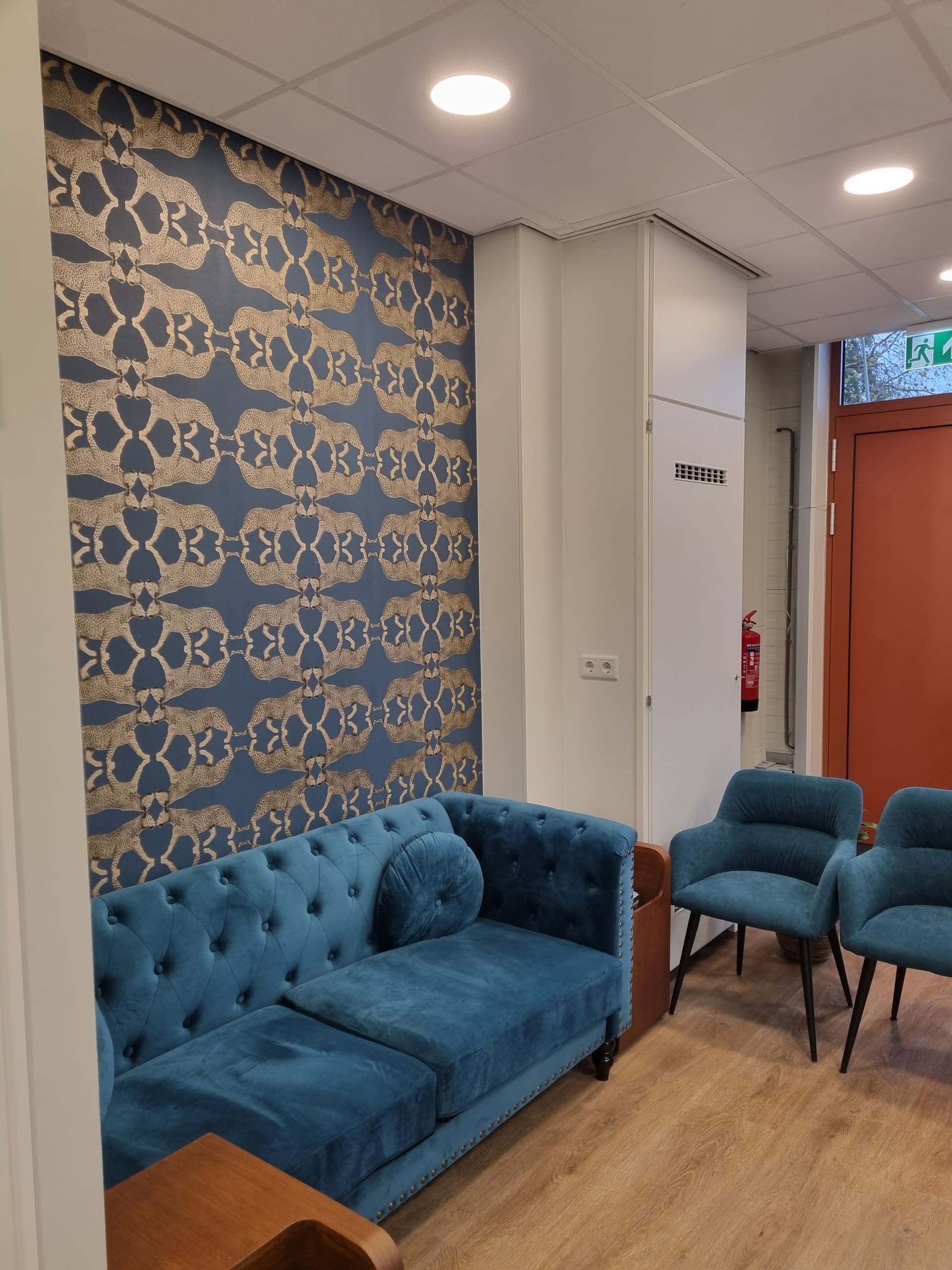 De wachtkamer met een petrolblauwe fluwelen bank tegen behang met een goudkleurig kattenmotief.