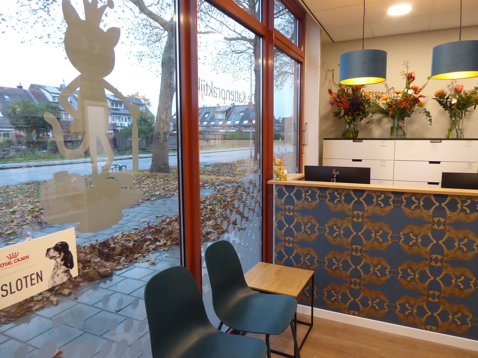 De wachtkamer gezien vanaf het raam, met een kat met kroontje op het glas en de blauwgouden balie op de achtergrond.