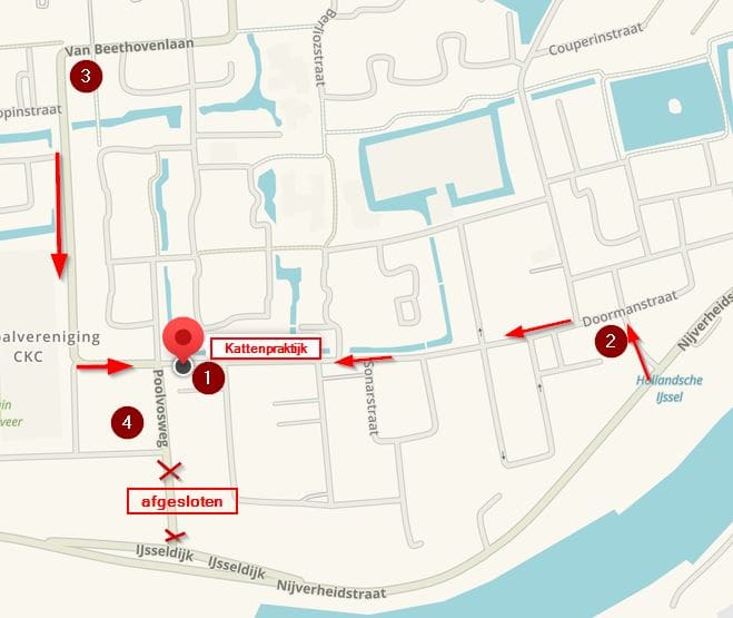 Plattegrond van Capelle aan den IJssel met de aanrijroutes naar De Kattenpraktijk en de afgesloten weg.